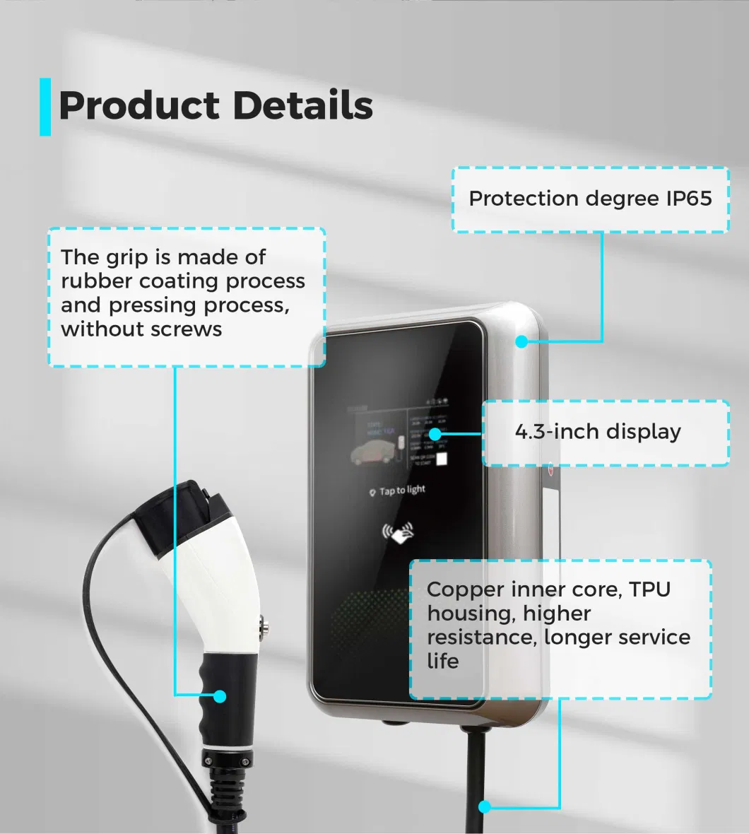 Wall-Mounted 7kw 11kw 22kw EV Charger, Plug Can Be Type 1/Type 2, Support for Setting Charging Duration and Current Size on Mobile Phones